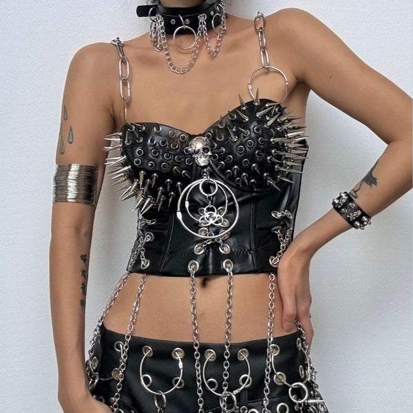 Skull o ring rivet PU leather metal chain cami top