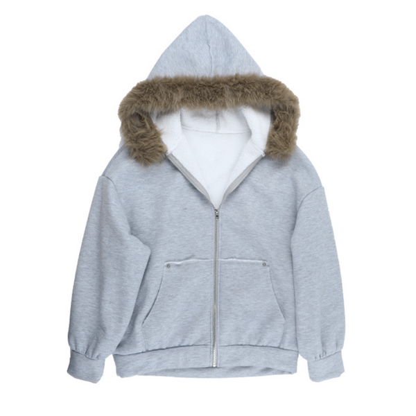 Long sleeve zip-up hoodie fluffy pocket top