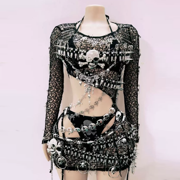 Long sleeve hollow out skull applique fishnet mini dress
