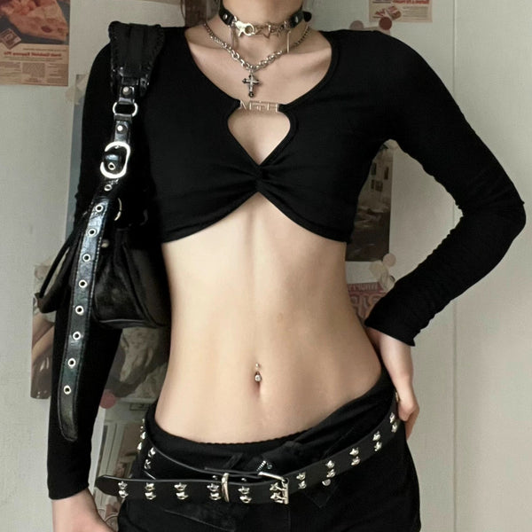 Knotted solid long sleeve metal tag low cut crop top goth Alternative Darkwave Fashion goth Emo Darkwave Fashion
