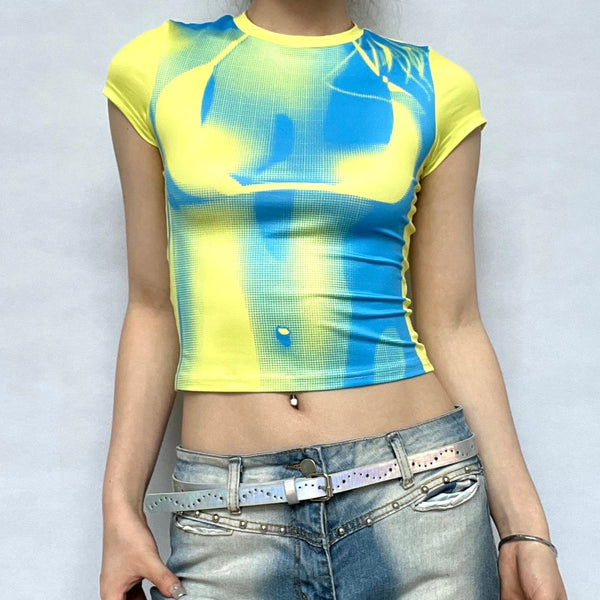 Body print contrast short sleeve crewneck crop top cyberpunk Sci-Fi Fashion