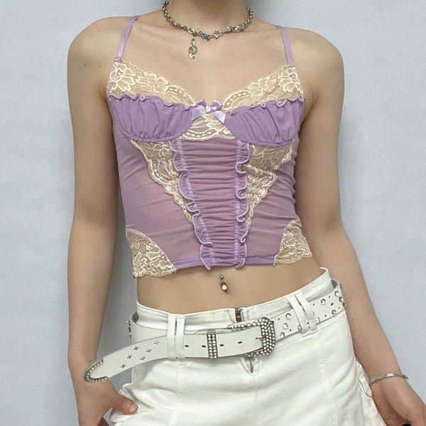 Lace hem contrast ruffle ruched patchwork cross back crop top fairycore Ethereal Fashion