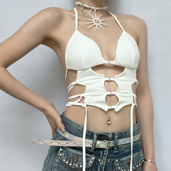 Button hollow out v neck halter backless lace up crop top y2k 90s Revival Techno Fashion