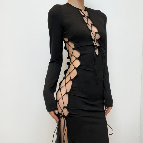 Long sleeve solid hollow out slit self tie lace up midi dress