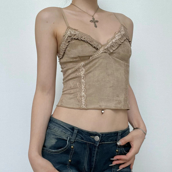 Micro Suede lace hem v neck ruffle backless cami top y2k 90s Revival Techno Fashion