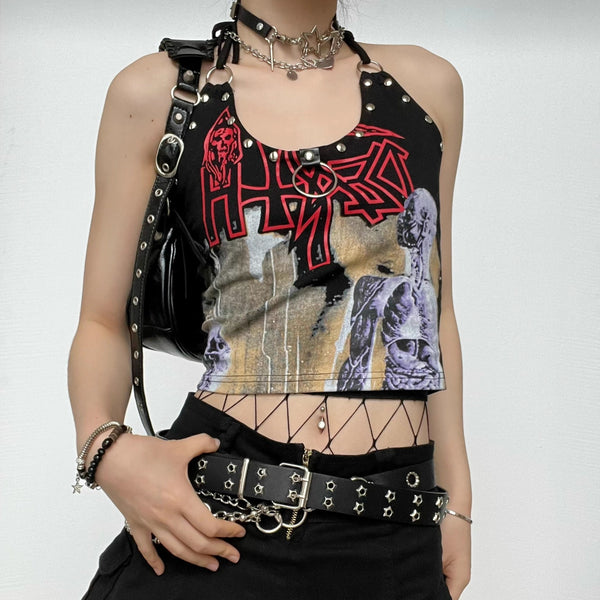 Sleeveless halter abstract self tie backless o ring crop top cyberpunk Sci-Fi Fashion
