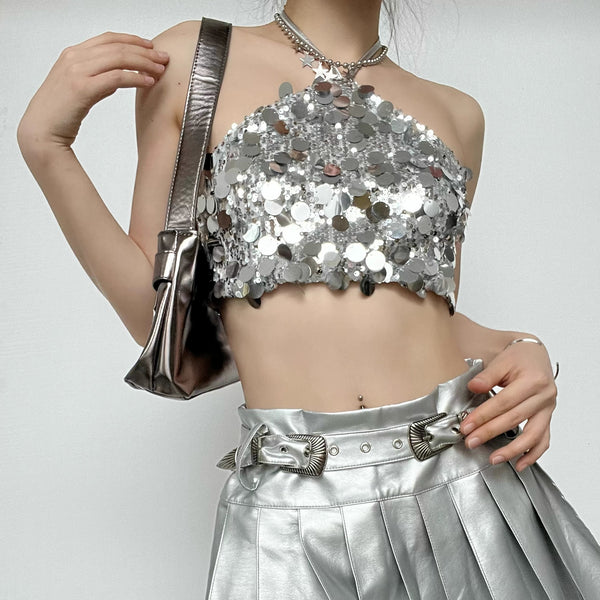 Halter self tie glitter backless textured crop top y2k 90s Revival Techno Fashion