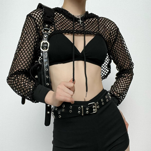 Fishnet hollow out solid long sleeve hoodie shrug top y2k 90s Revival Techno Fashion