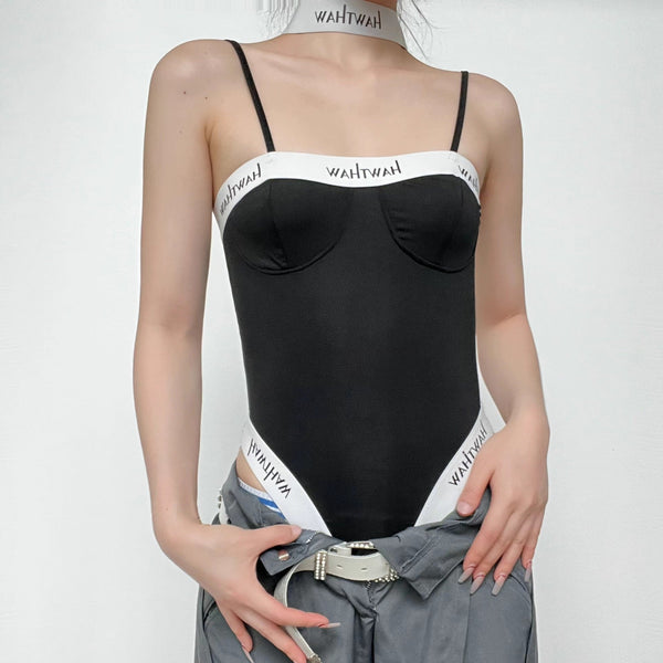 Cross back contrast hollow out backless patchwork bodysuit y2k 90s Revival Techno Fashion