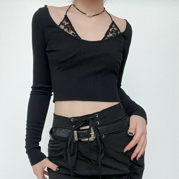 Patchwork halter solid long sleeve crop top y2k 90s Revival Techno Fashion