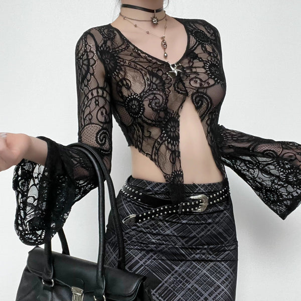 Lace solid flared sleeve star applique see through crop top goth Alternative Darkwave Fashion goth Emo Darkwave Fashion