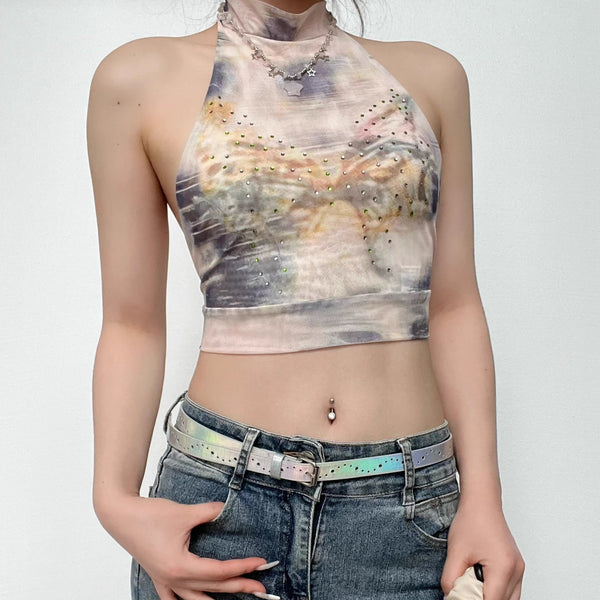 Tie tinte con cuentas halter auto corbata sin espalda contraste crop top y2k 90s Revival Techno Fashion 