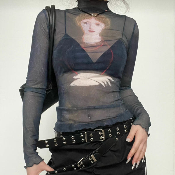 Ruffle see through sheer mesh long sleeve oil painting print top cyberpunk Sci-Fi Fashion