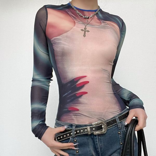 Long sleeve mesh contrast abstract button bodysuit cyberpunk Sci-Fi Fashion