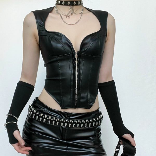 Solid PU cap sleeve button corset low cut top goth Alternative Darkwave Fashion goth Emo Darkwave Fashion