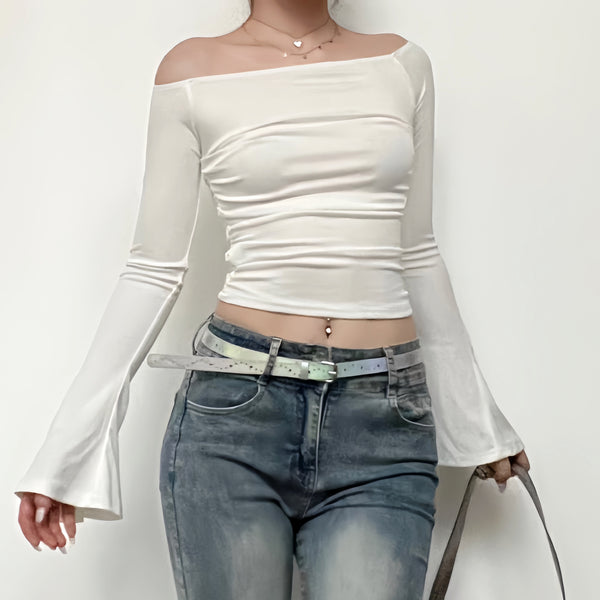 Ribbed long flared sleeve solid ruched off shoulder top y2k 90s Revival Techno Fashion