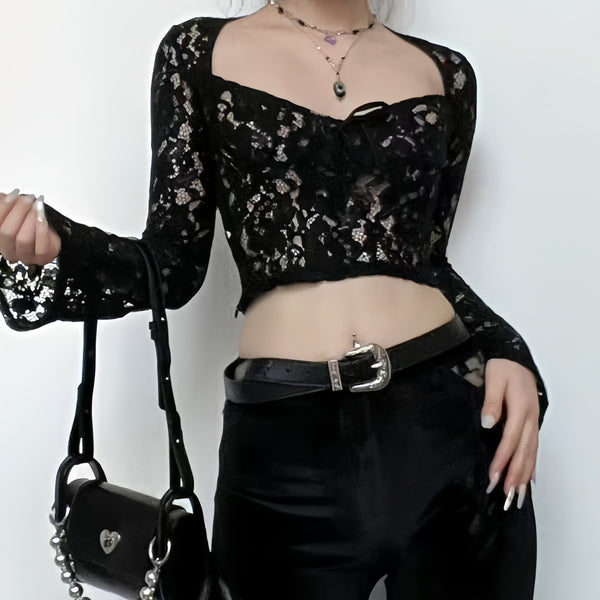 Lace see through self tie solid long sleeve crop top goth Emo Darkwave Fashion