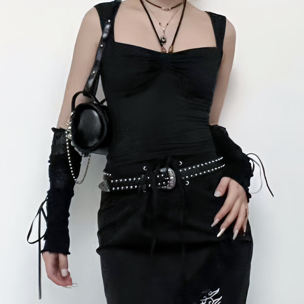 Halter sin mangas sólido fruncido con cuentas top gótico Emo Darkwave Fashion 