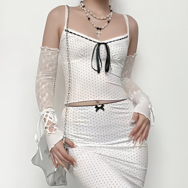 Conjunto de falda midi con dobladillo de encaje y lazo anudado con cuello en V y lunares 