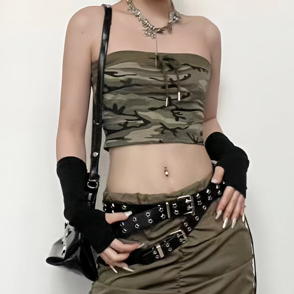 Drawstring camouflage backless contrast tube crop top y2k 90s Revival Techno Fashion