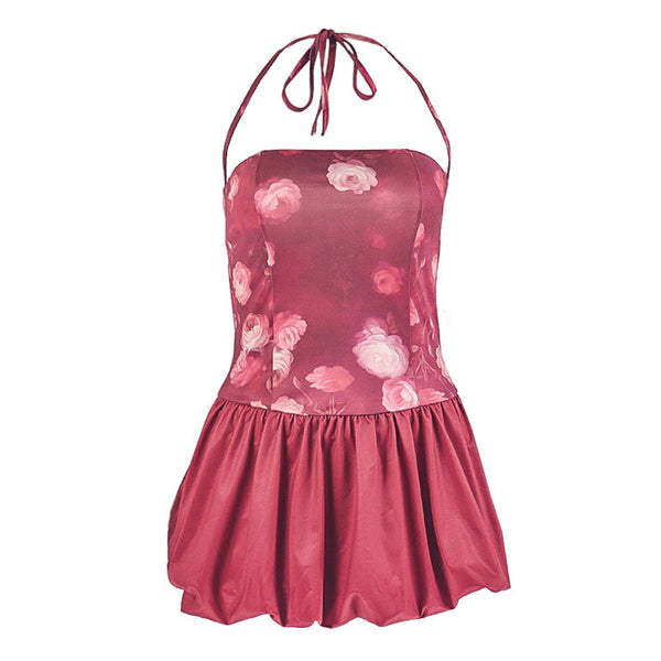 Halter flower print self tie ruched mini dress