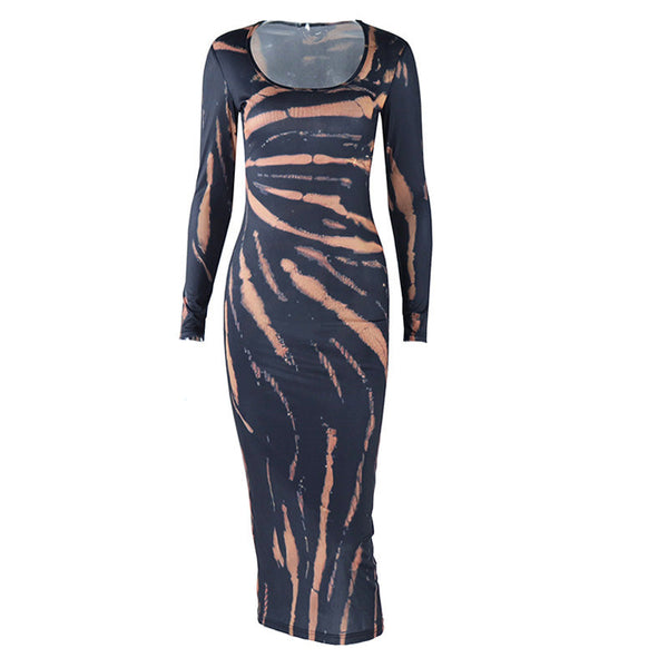 U neck long sleeve print maxi dress