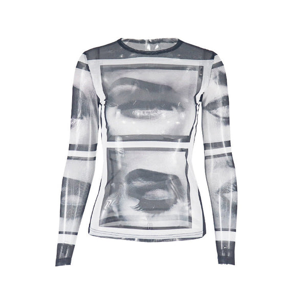 Long sleeve abstract crewneck mesh top