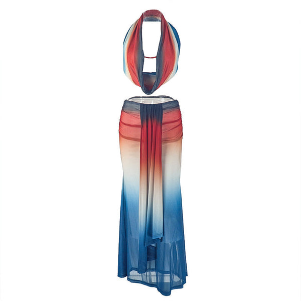 Cowl neck halter gradient backless maxi skirt set