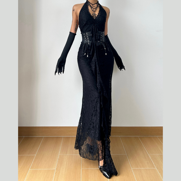 Halter self tie lace hem v neck maxi dress