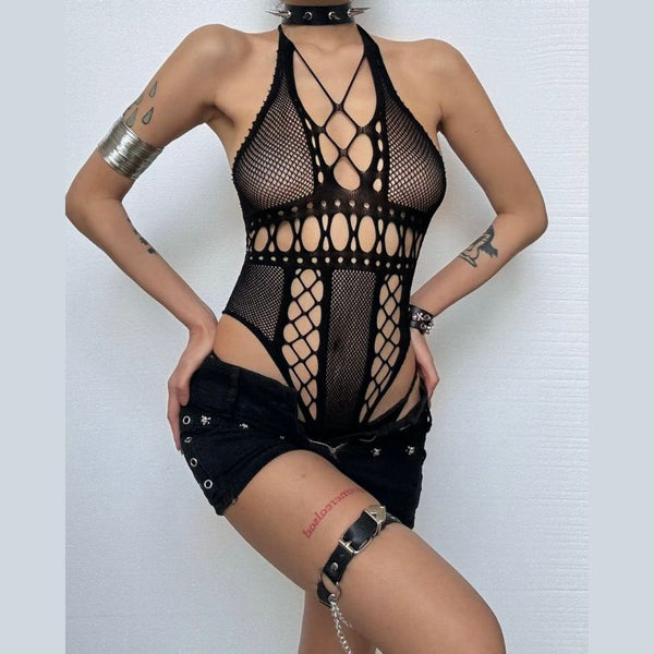 Halter fishnet hollow out backless bodysuit