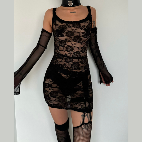 Off shoulder lace see through mini dress