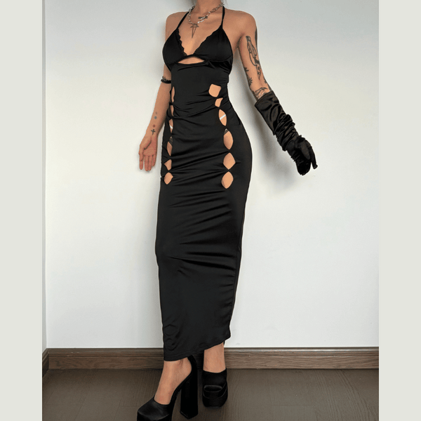 Halter v neck lace hem hollow out maxi dress