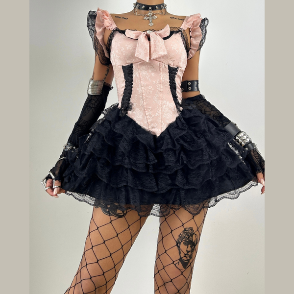 Bowknot lace hem ruffle mini dress