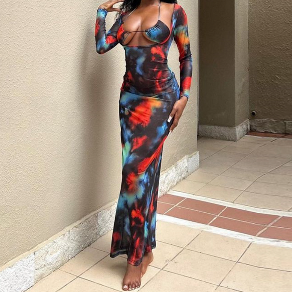 Long sleeve print u neck contrast maxi dress