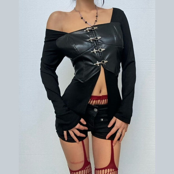 Long sleeve PU leather patchwork ribbed slit pant set