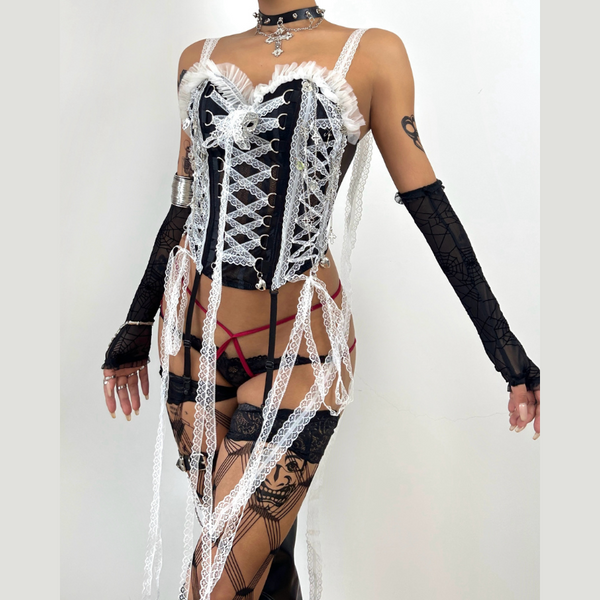 Skull applique lace hem self tie v neck lace up top