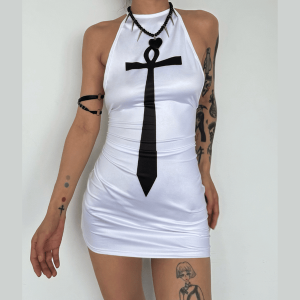 Cross pattern halter contrast backless self tie mini dress