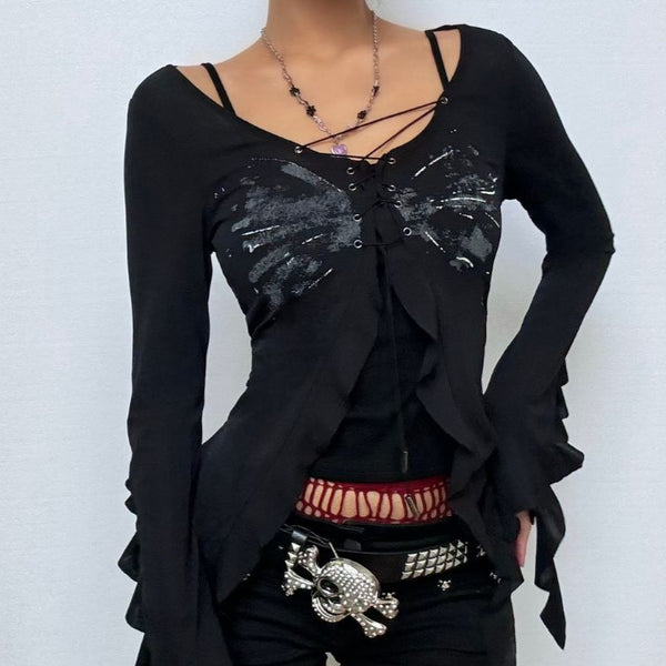 Ruffle long sleeve v neck lace up butterfly pattern top