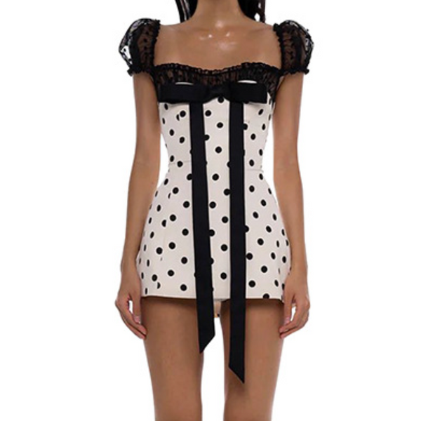Bowknot polka dot ruffle puff sleeve mini dress