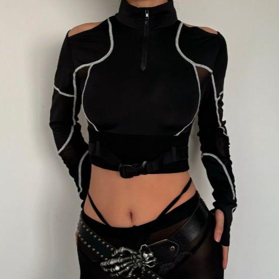 High neck zip-up mesh patchwork long sleeves crop top y2k 90s Revival Techno Fashion