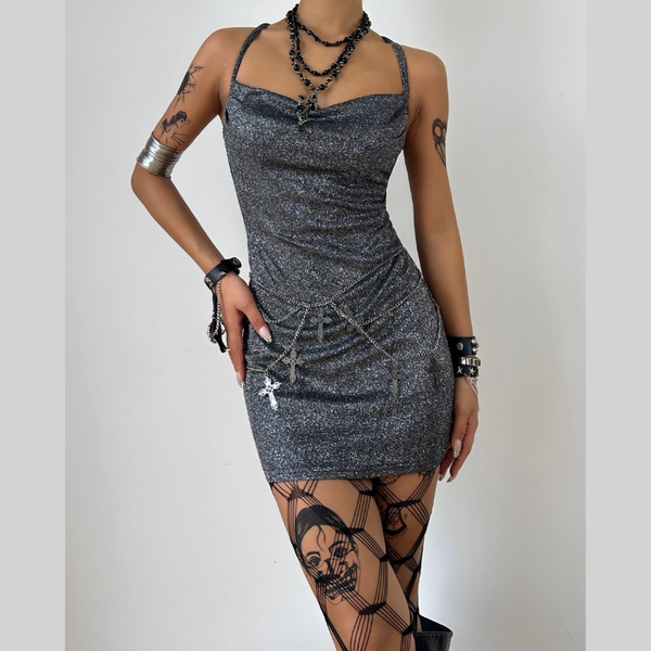 Cross back self tie cowl neck cami mini dress