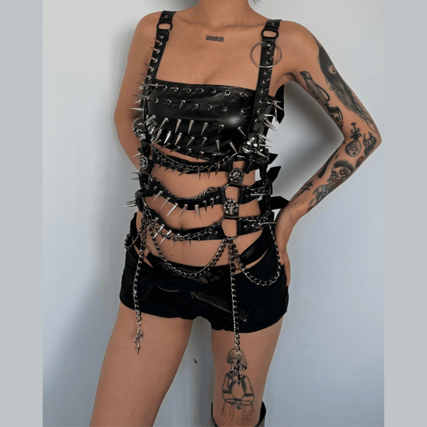 PU leather rivet applique metal chain o ring tube top