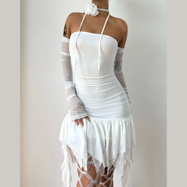 Off shoulder ruched long sleeve solid mini dress