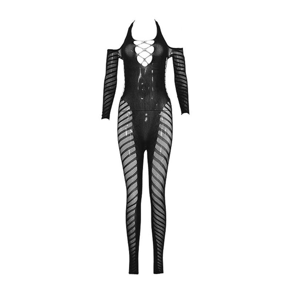 Halter long sleeve hollow out see through jumpsuit