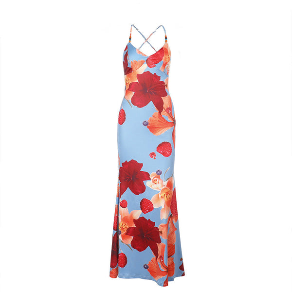 Cross back flower print self tie cami maxi dress