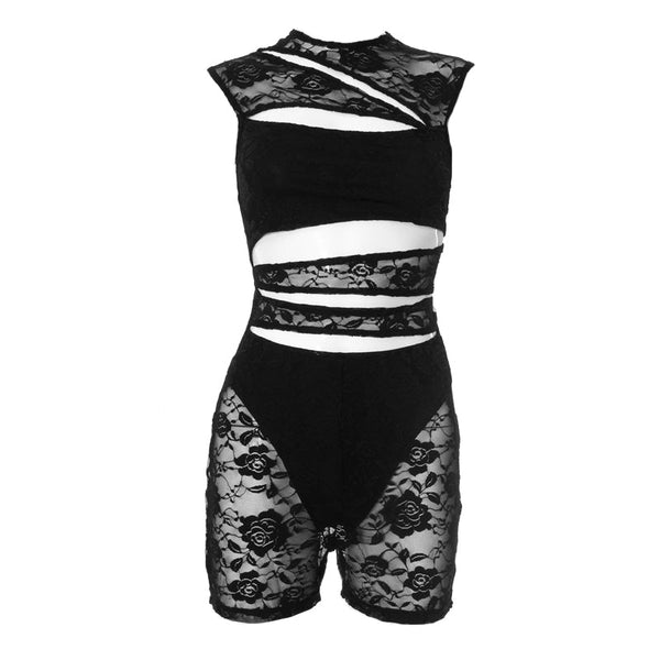 Hollow out lace zip-up romper