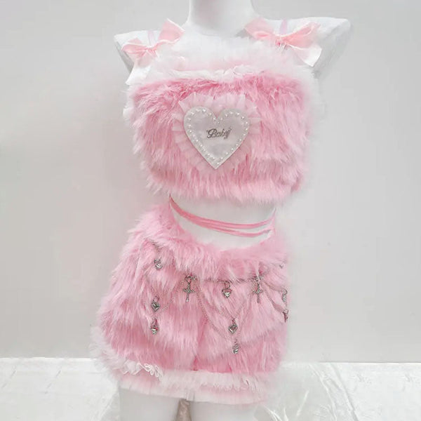 Bowknot fluffy ruffle cami mini skirt set