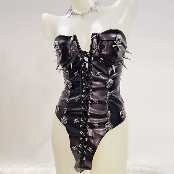 Lace up PU leather skull applique tube bodysuit