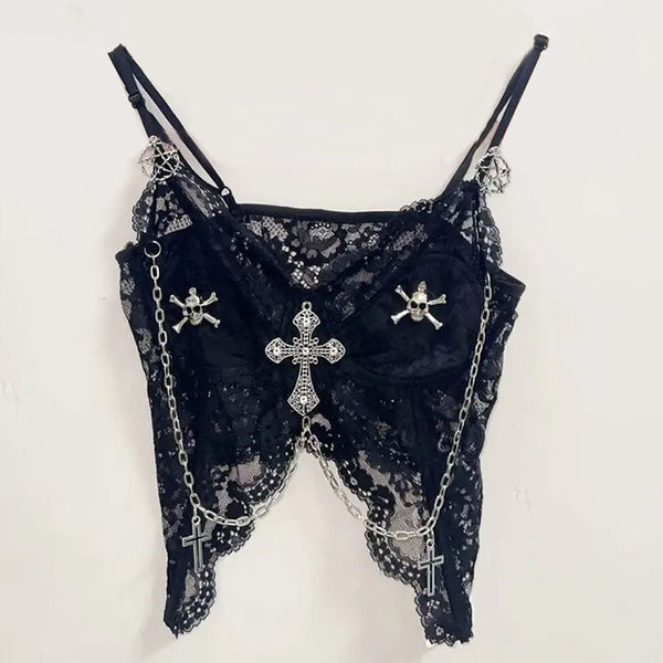 Metal chain lace hem v neck backless cami top