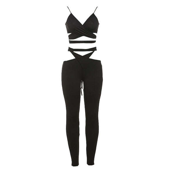 Hollow out v neck self tie spaghetti strap pant set